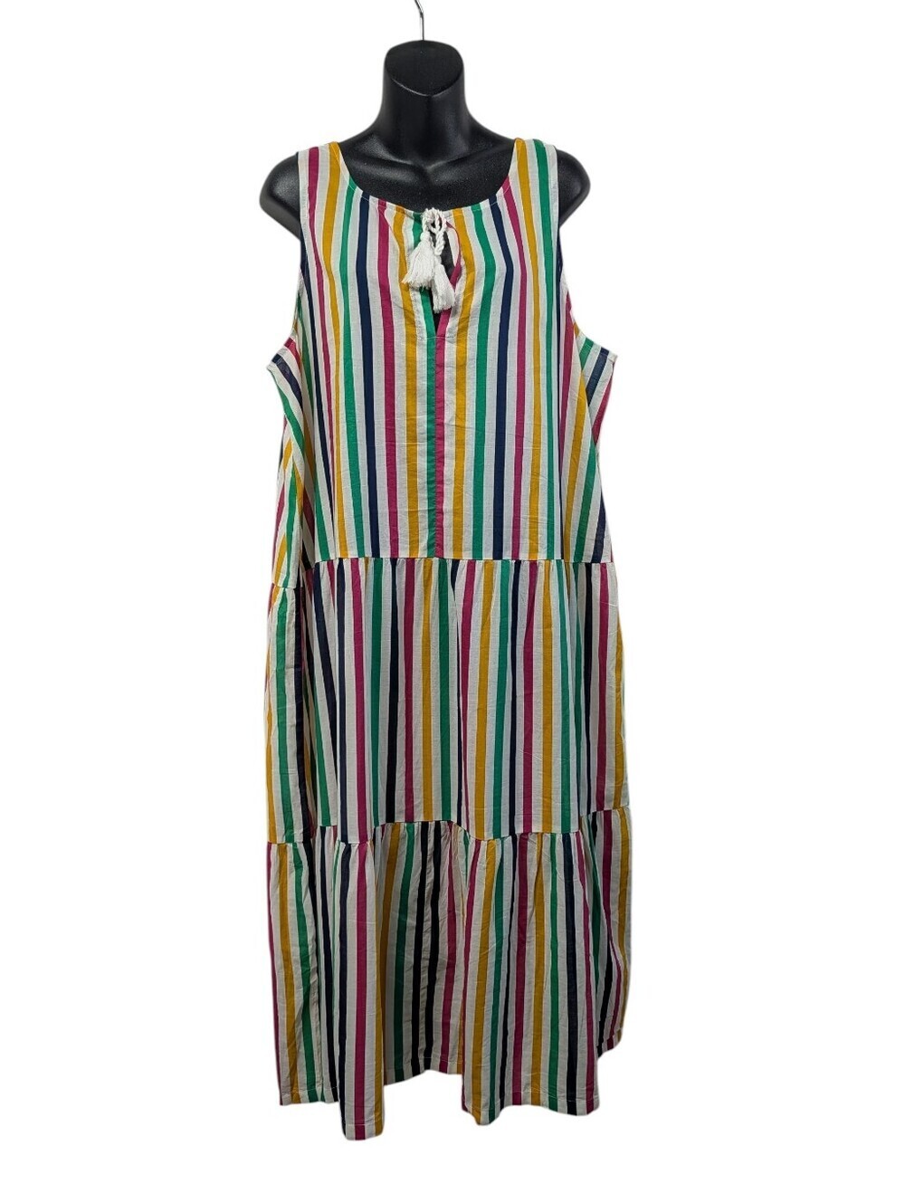 J.Crew Multi Color Striped Tiered Tassel Tie Sleeveless Midi Dress Size L NWOT
